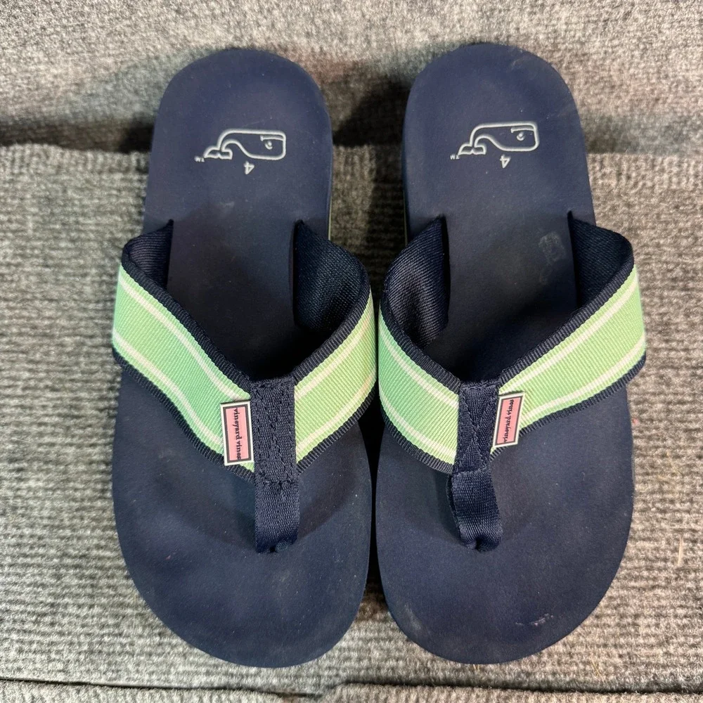 Vineyard Vines Navy Blue Green Striped Ribbon Flip Flop Sandals Kids Size 4